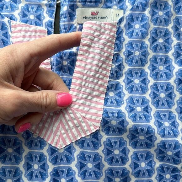 Vineyard Vines Girl’s 14 Blue Geometric Pink Seersucker Print Shift Tunic‎ Dress - Picture 6 of 14